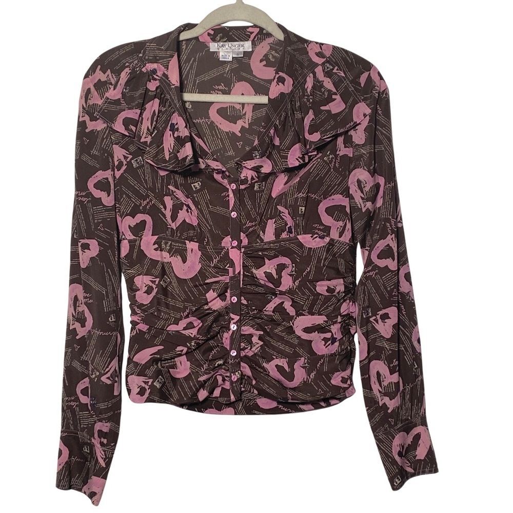 Kay Unger Love Me Hearts Silk Ruffle Blouse Valentine Size 6